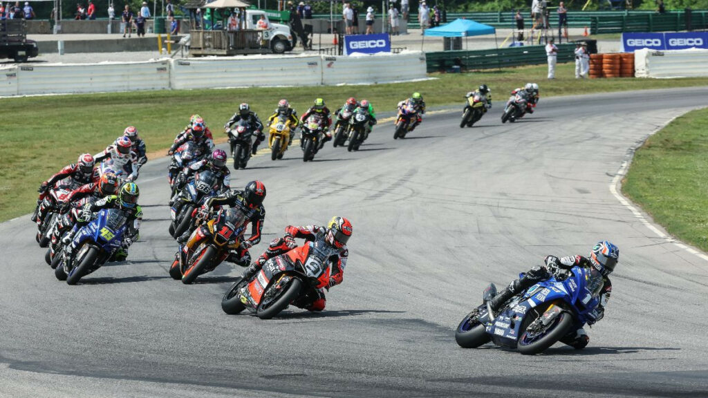 Jake Gagne (1) leads MotoAmerica Superbike Race One at VIR. Photo by Brian J. Nelson, courtesy MotoAmerica.