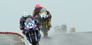 Alastair Seeley (34) leading Davey Todd (74) during the Supersport race Thursday evening at the North West 200. Photo courtesy North West 200 Press Office.