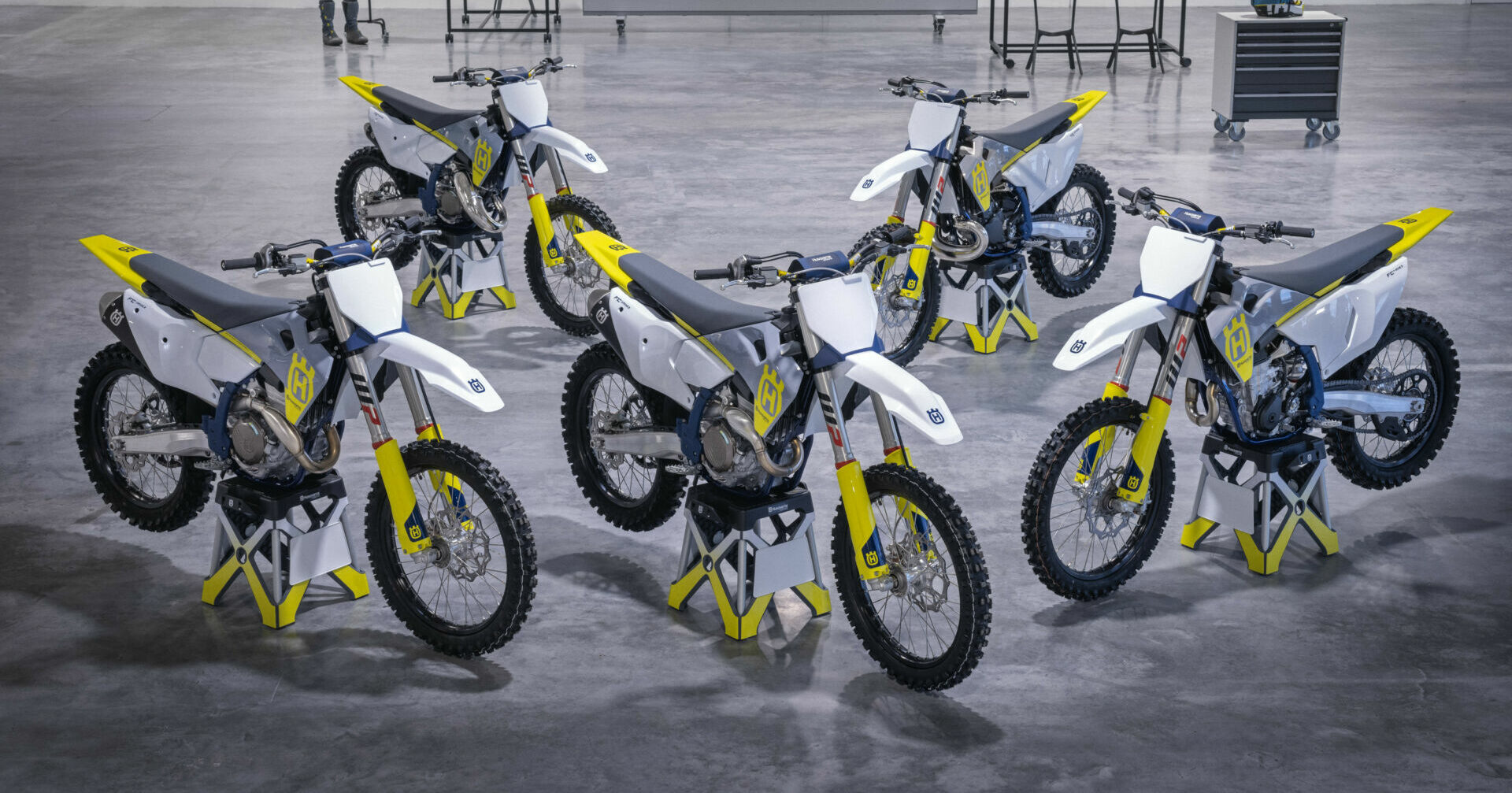 2023 Husqvarna motorcycles (clockwise from left): FC 350, TC 125, TC 250, FC 450, and FC 250. Photo courtesy Husqvarna Motorcycles.