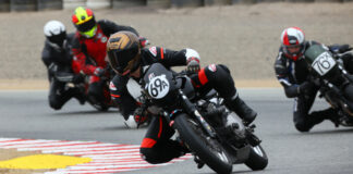 AHRMA Thruxton Cup Challenge racers Carl Estell (69A) and Patrick McGraw (76X) carving Turn Three at Laguna Seca in 2021. Photo by etechphoto.com, courtesy AHRMA.