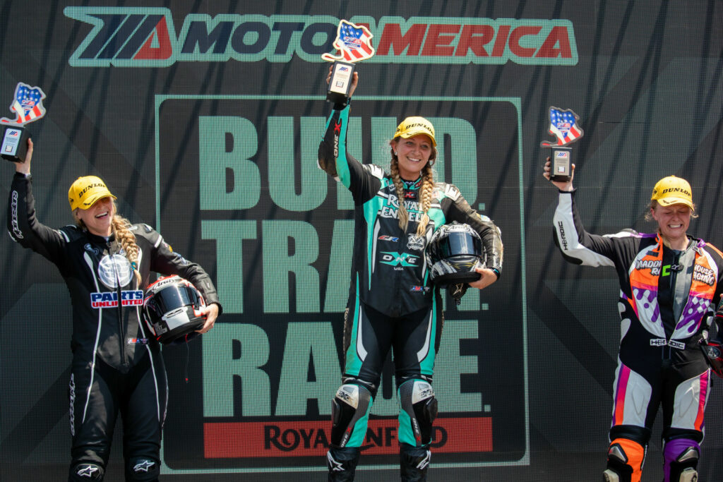 Opening round winner Kayleigh Buyck (center), flanked by BTR podium finishers Crystal Martinez (left) and Chloe Peterson (right). Photo courtesy Royal Enfield North America.