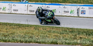 A rider at speed in front of Airfence Bike soft barriers purchased with funds from a previous N2 Track Days fundraiser for the Roadracing World Action Fund. Photo by Apex Pro Photo, courtesy N2 Track Days.