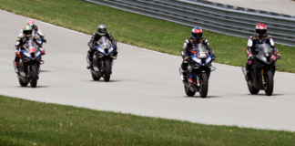 Tytlers Cycle Racing's Larry Pegram (73) during testing with Travis Wyman (10), PJ Jacobsen (66), and Hector Barbera (80) at Pittsburgh International Race Complex. Photo courtesy Tytlers Cycle Racing.