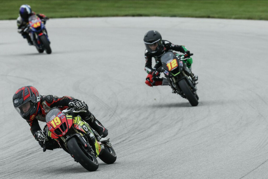 Nathan Gouker (19) topped Anthony Lupo Jr. (12) to win the 110cc class on Saturday evening. Photo by Brian J. Nelson, courtesy MotoAmerica.