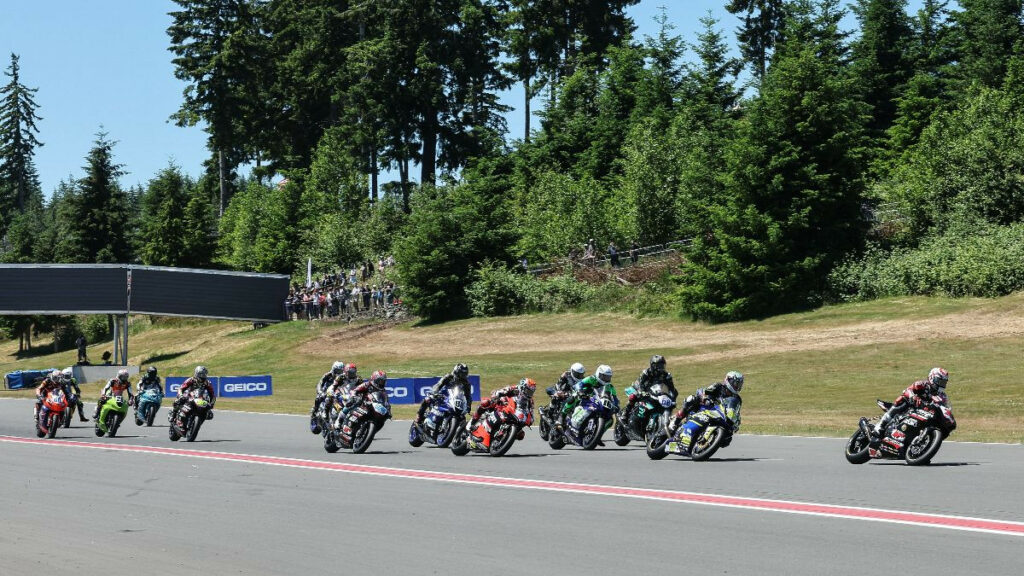 Tyler Scott (70) leads the Supersport pack that includes Rocco Landers (97) and eventual winner Josh Herrin (2) at Ridge Motorsports Park. Photo by Brian J. Nelson, courtesy MotoAmerica.