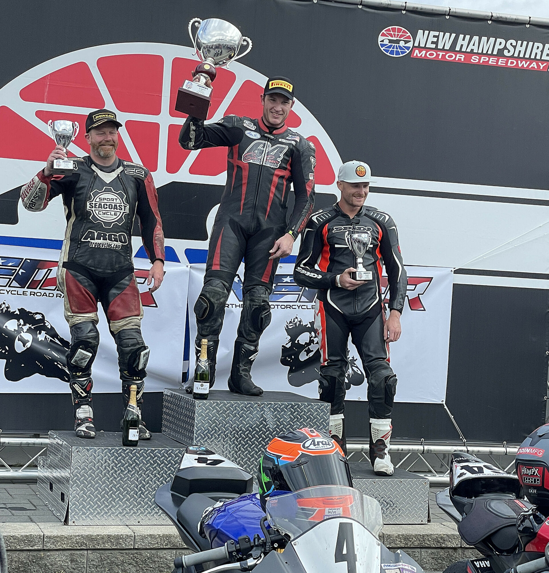 2022 Loudon Classic winner Shane Narbonne (center), runner-up Scott Greenwood (left), and Tyler Sweeney (right). Photo courtesy NEMRR.