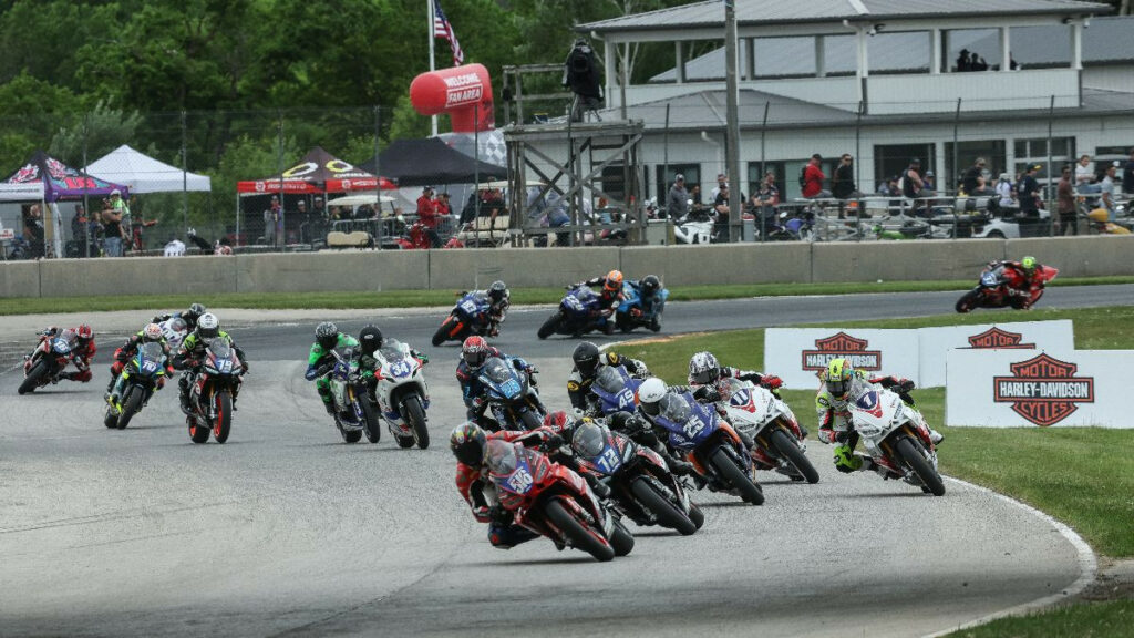 The Twins Cup race at Road America on Saturday was led early by Anthony Mazziotto (516), but it was Jody Barry (11) who won the race, his fourth in a row. Photo by Brian J. Nelson, courtesy MotoAmerica.
