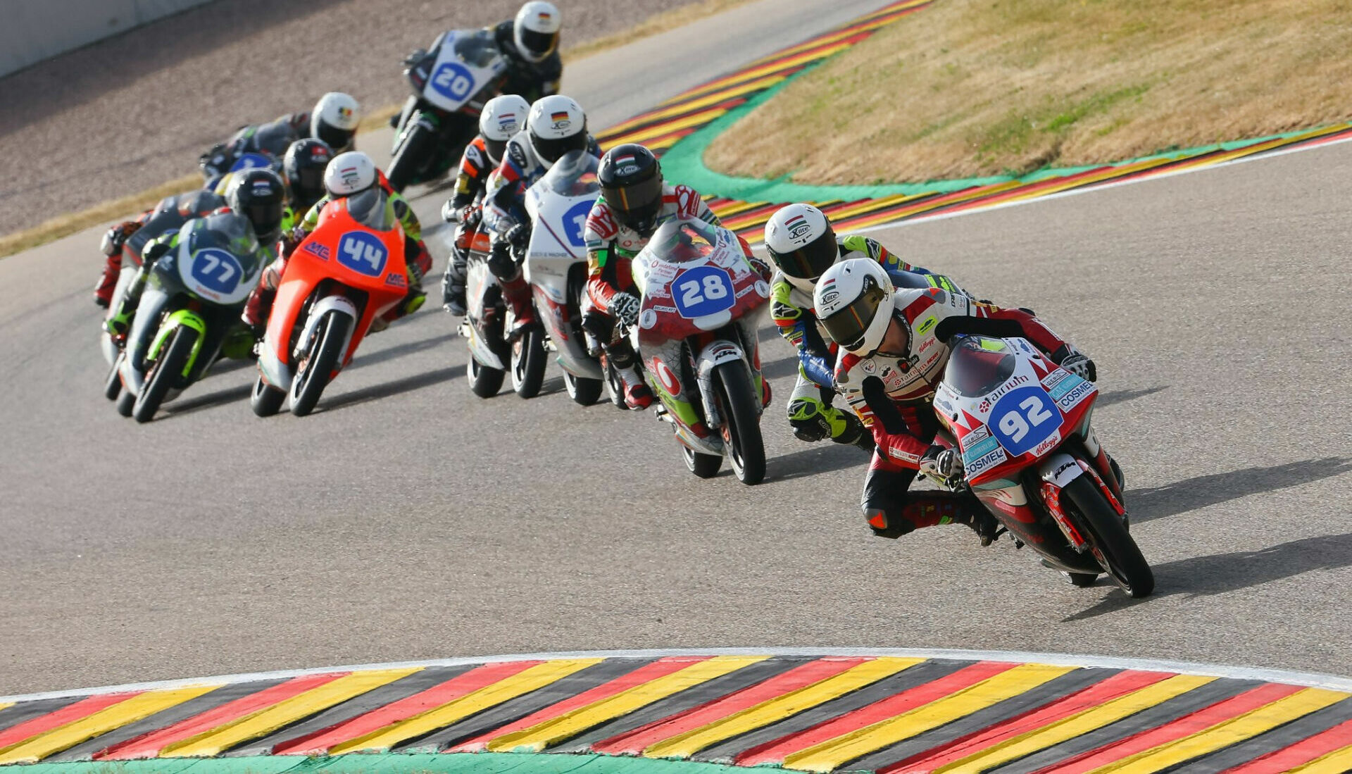 American-born Rossi Moor (92) leading Northern Talent Cup Race One Saturday at Sachsenring. Photo courtesy Dorna.
