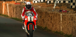 Three-time 500cc Grand Prix World Champion Wayne Rainey (1) riding his 1992 World Championship-winning Yamaha YZR500 Wednesday in preparation for this weekend's Goodwood Festival of Speed in England. Photo courtesy Goodwood Festival of Speed.