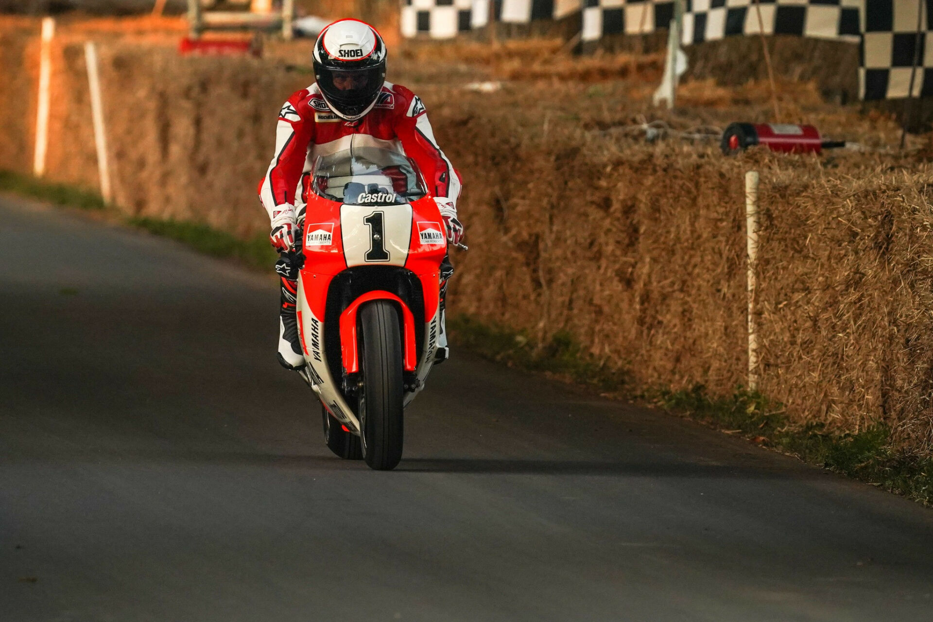 Three-time 500cc Grand Prix World Champion Wayne Rainey (1) riding his 1992 World Championship-winning Yamaha YZR500 Wednesday in preparation for this weekend's Goodwood Festival of Speed in England. Photo courtesy Goodwood Festival of Speed.