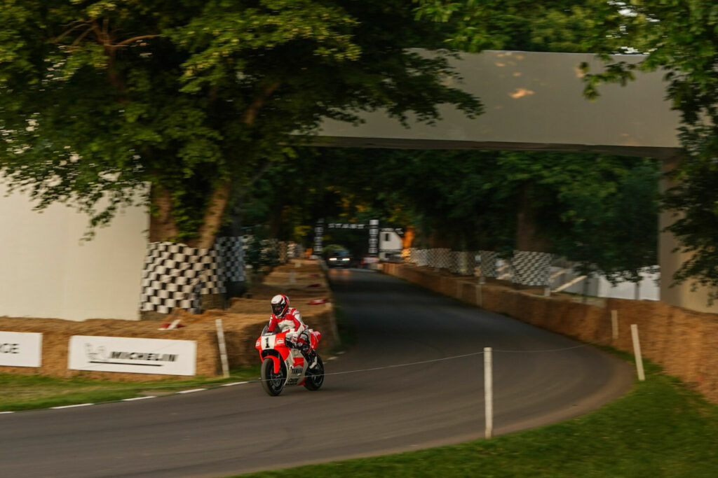 Three-time 500cc Grand Prix World Champion Wayne Rainey (1) riding his 1992 World Championship-winning Yamaha YZR500 Wednesday in preparation for this weekend's Goodwood Festival of Speed in England. Photo courtesy Goodwood Festival of Speed.