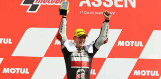 American-born Rossi Moor on top of the podium at TT Circuit Assen. Photo courtesy Dorna.
