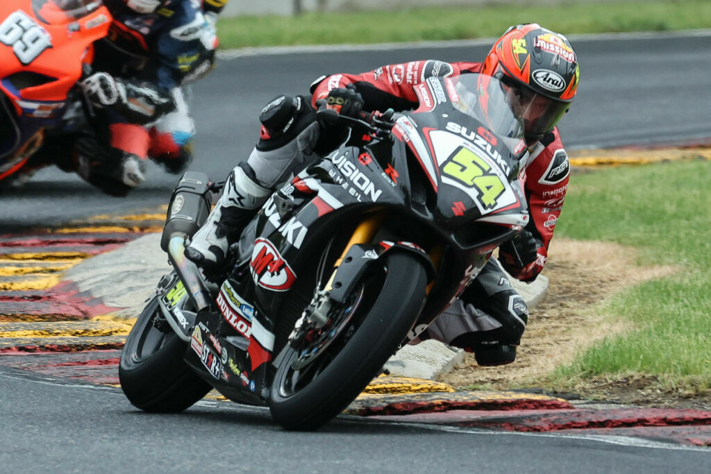 Richie Escalante (54) rode his GSX-R1000R Superbike in adverse weather for the first time at Road America. Photo courtesy Suzuki Motor USA, LLC.