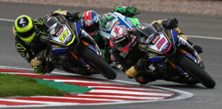 Bradley Ray (28), Kyle Ryde (77), and Rory Skinner in action during a British Superbike race. Photo courtesy MSVR.