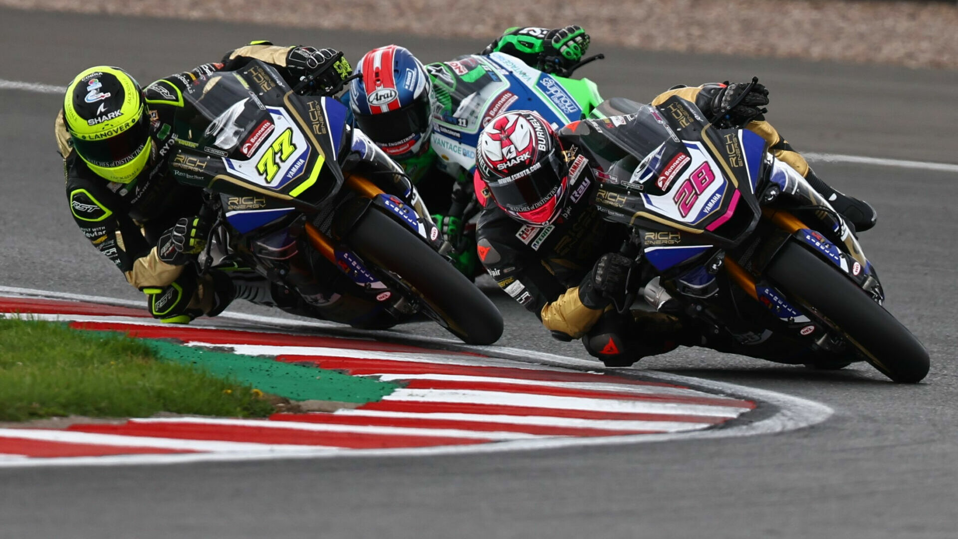 Bradley Ray (28), Kyle Ryde (77), and Rory Skinner in action during a British Superbike race. Photo courtesy MSVR.