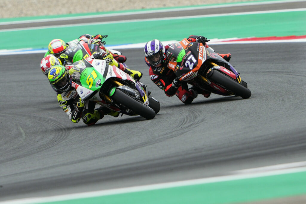 Eric Granado (51) leading Mattia Casadei (27) and the others during MotoE Race Two. Photo courtesy Dorna.