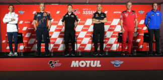 MotoGP team leaders (from left): Repsol Honda Team Manager Alberto Puig, Red Bull KTM Team Manager Francesco Guidotti, Aprilia Racing Team Manager Paolo Bonora, Monster Energy Yamaha Team Manager Massimo Meregalli, Ducati Corse Sporting Director Paolo Ciabatti, and Suzuki ECSTAR Team Manager Livio Suppo. Photo courtesy Dorna.