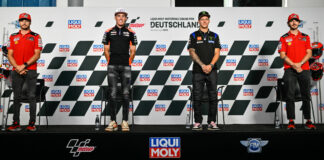 MotoGP riders (from left) Jack Miller, Aleix Espargaro, Fabio Quartararo, and Francesco Bagnaia at the pre-race press conference at Sachsenring. Photo courtesy Dorna.