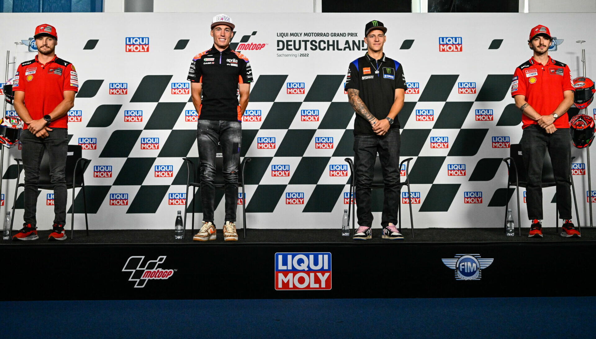 MotoGP riders (from left) Jack Miller, Aleix Espargaro, Fabio Quartararo, and Francesco Bagnaia at the pre-race press conference at Sachsenring. Photo courtesy Dorna.