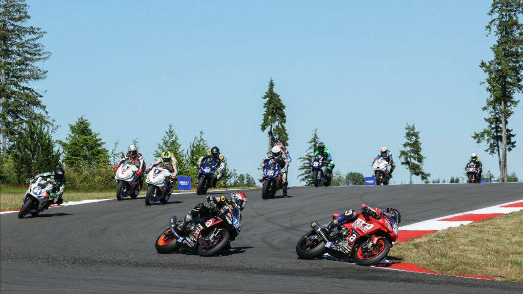 Anthony Mazziotto (516) leads the Twins Cup race on Saturday en route to his first win of the season. Photo by Brian J. Nelson, courtesy MotoAmerica.