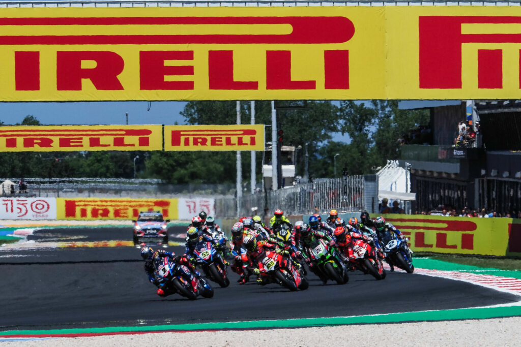 Toprak Razgatlioglu (1) leads the start of Race One at Misano. Photo courtesy Dorna.