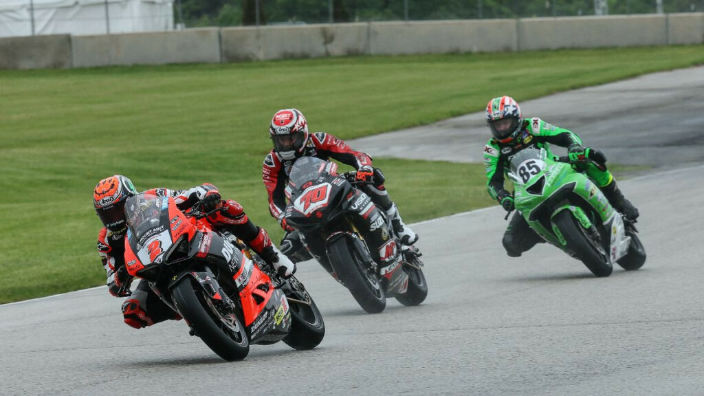 Josh Herrin (2) leads Tyler Scott (70) and eventual race winner Jason Farrell (85) in Sunday's Supersport final from Road America. Photo by Brian J. Nelson, courtesy MotoAmerica.