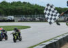 Kensei Matsudaira (1) and Mac MacClugage (3) raced to the line in both 160cc classes during MotoAmerica Mini Cup by Motul races on Saturday evening at Road America. The two split wins in the pair of races. Photo by Brian J. Nelson, courtesy MotoAmerica.