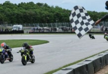 Kensei Matsudaira (1) and Mac MacClugage (3) raced to the line in both 160cc classes during MotoAmerica Mini Cup by Motul races on Saturday evening at Road America. The two split wins in the pair of races. Photo by Brian J. Nelson, courtesy MotoAmerica.