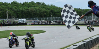Kensei Matsudaira (1) and Mac MacClugage (3) raced to the line in both 160cc classes during MotoAmerica Mini Cup by Motul races on Saturday evening at Road America. The two split wins in the pair of races. Photo by Brian J. Nelson, courtesy MotoAmerica.