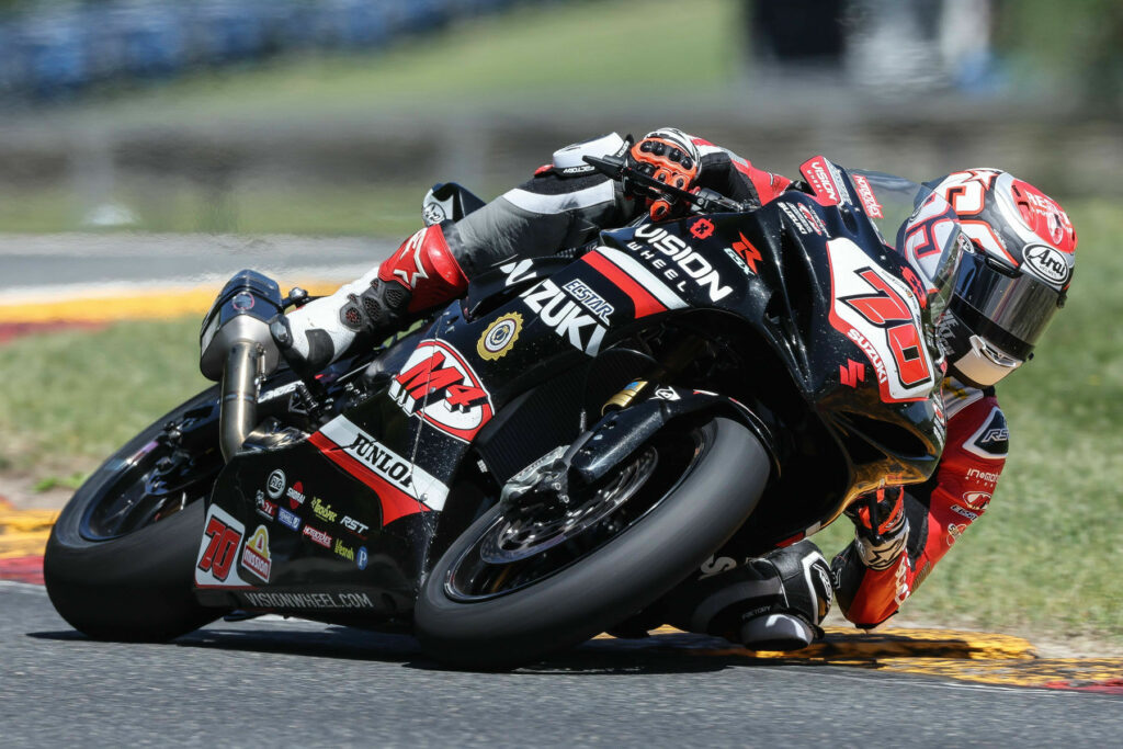 Tyler Scott (90) captures his first win on the Vision Wheel M4 ECSTAR Suzuki GSX-R750. Photo courtesy Suzuki Motor USA, LLC.