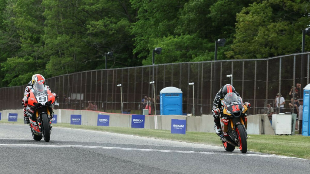 Mathew Scholtz (11) beat Danilo Petrucci (9) to the finish line by just 0.015 of a second to win Medallia Superbike Race One at Road America on Saturday. Photo by Brian J. Nelson, courtesy MotoAmerica.