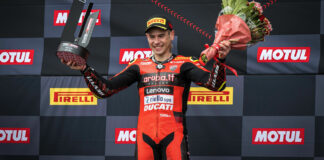 Alvaro Bautista on top of the World Superbike podium at Estoril. Photo courtesy Ducati.