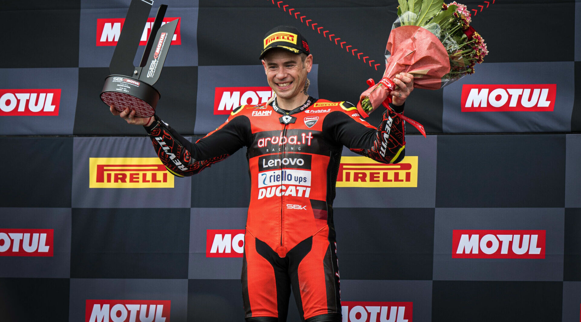 Alvaro Bautista on top of the World Superbike podium at Estoril. Photo courtesy Ducati.