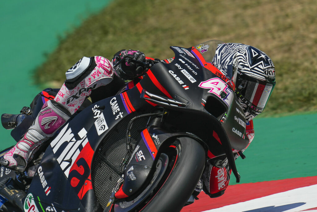 Aleix Espargaro (41) with a new front wing on his Aprilia. Photo courtesy Dorna.