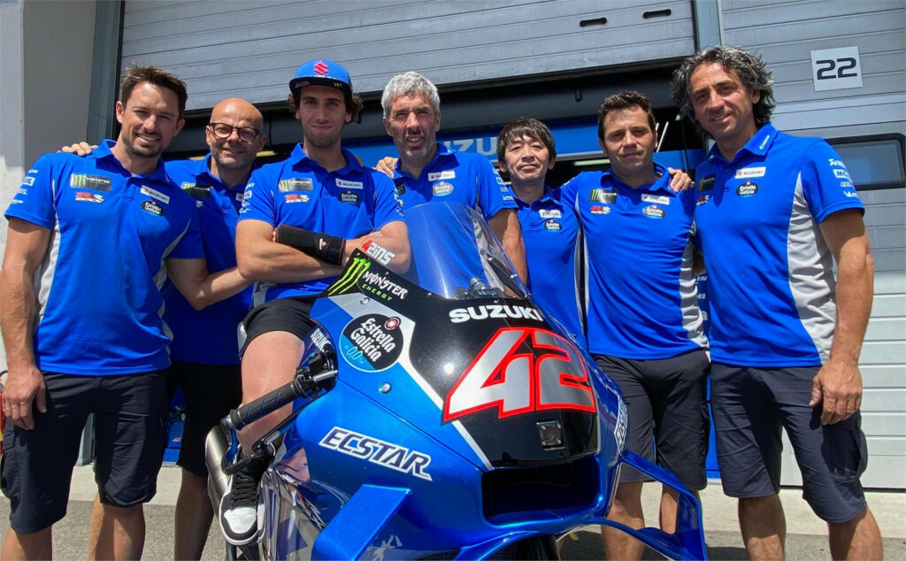 Alex Rins with his Team Suzuki ECSTAR crew. Photo courtesy Team Suzuki Press Office.