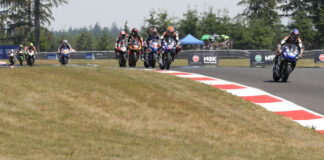Jake Gagne (32) leads Josh Herrin (2), Cameron Petersen (32), Mathew Scholtz (11), Loris Baz (76), Bobby Fong (50), and the rest of the field early in Superbike Race Two at Ridge Motorsports Park in 2021. Photo by Brian J. Nelson.
