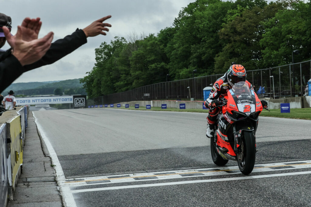 Josh Herrin (2) crosses the finish line at Road America. Photo courtesy Ducati North America.