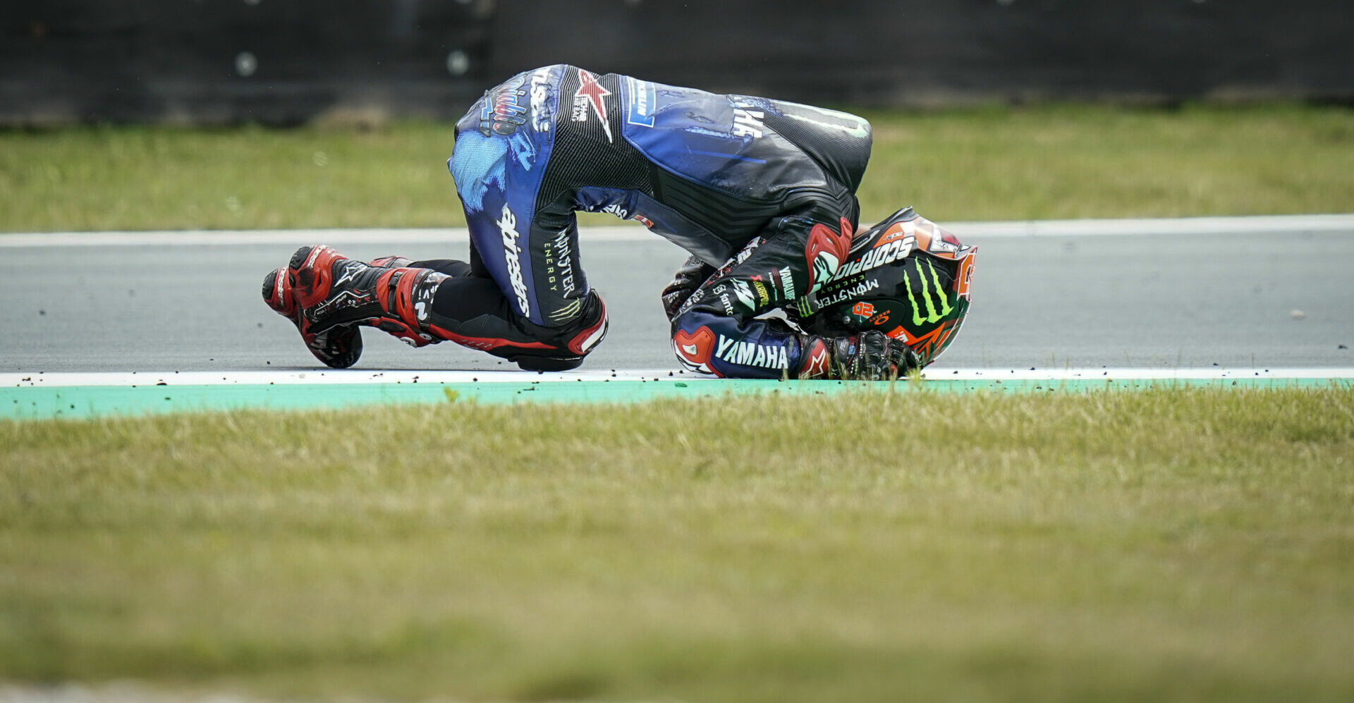 Fabio Quartararo, after crashing during the MotoGP race Sunday at Assen. Photo courtesy Dorna.