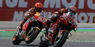 Francesco Bagnaia (63) leading Marc Marquez (93) at Assen in 2021. Photo courtesy Dorna.