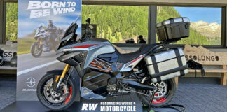 The Energica Experia Green Tourer Launch Edition comes with a full sport-touring fairing and hard luggage. The bike weighs 573 pounds, makes 102 horsepower and 85 lbs.-ft. of torque, and will cover up to 160 miles in combined city/highway riding. Photo by Michael Gougis.