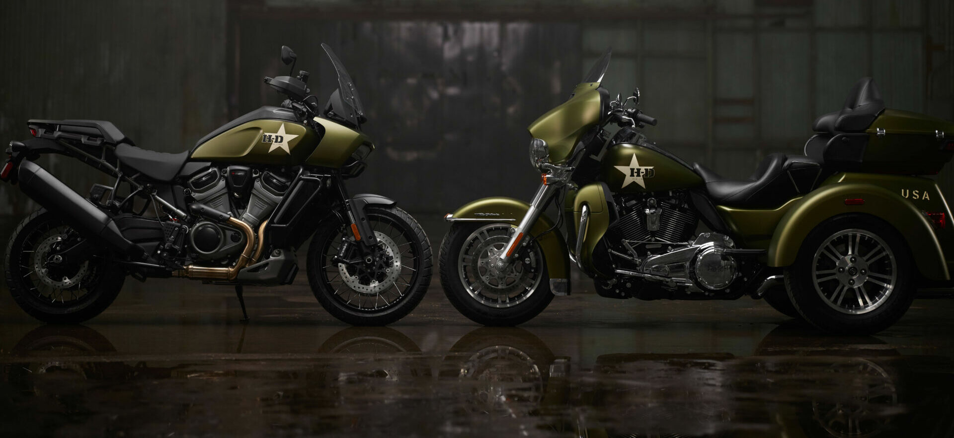 A Harley-Davidson Tri Glide® Ultra G.I. (right) and a Harley-Davidson Pan America™ 1250 Special G.I. (left). Photo courtesy Harley-Davidson.