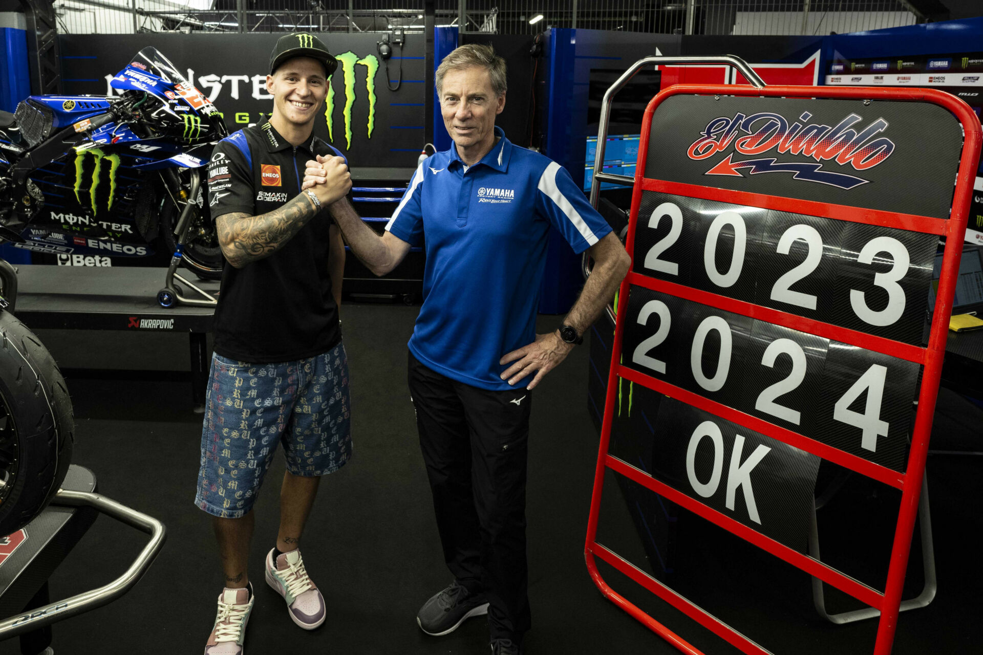 Reigning MotoGP World Champion Fabio Quartararo (left) and Yamaha Motor Racing Managing Director Lin Jarvis (right). Photo courtesy Monster Energy Yamaha.