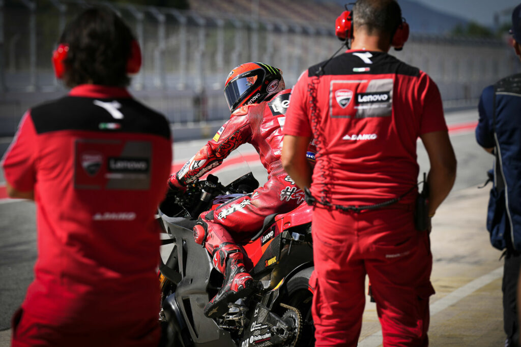 Francesco Bagnaia with new bodywork on his Ducati. Photo courtesy Dorna.