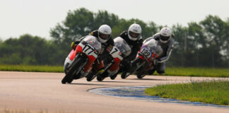 Walt Fulton (177), Dave Roper (7), and Alex McLean (122) racing closely during the 350 GP at Heartland Motorsports Park. Photo by etechphoto.com, courtesy AHRMA.
