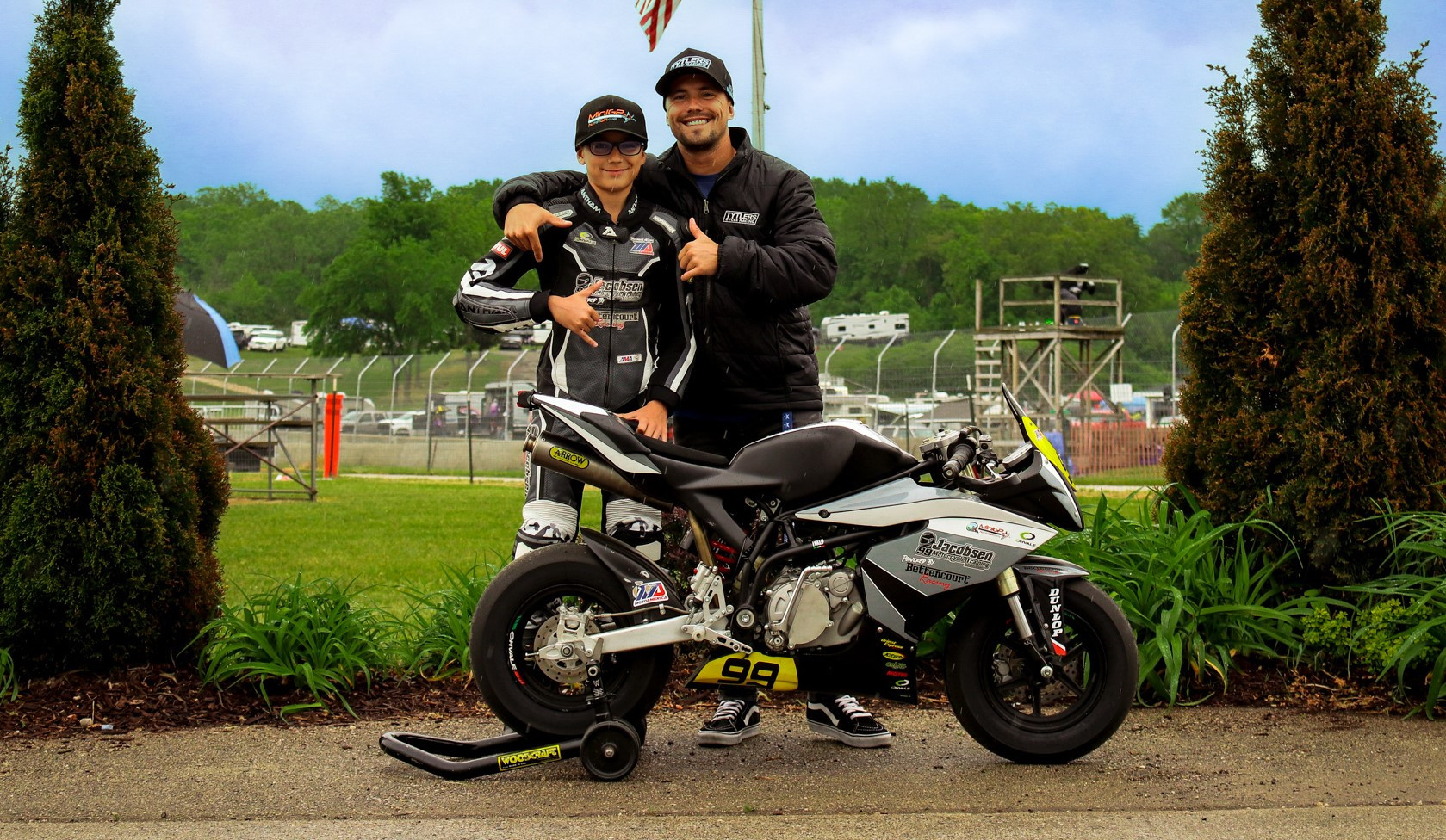 MotoAmerica Superbike racer PJ Jacobsen (right) with MotoAmerica Mini Cup racer Nathan Bettencourt (left). Photo by Sarah Bettencourt.