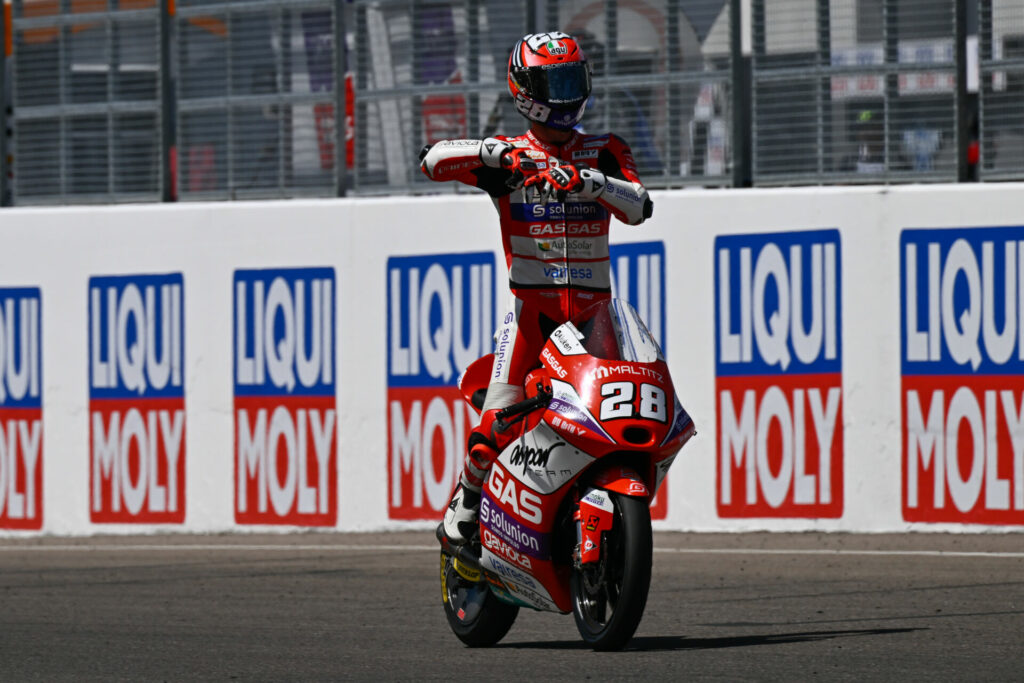 Izan Guevara (28) won the Moto3 race at Sachsenring. Photo courtesy Dorna.