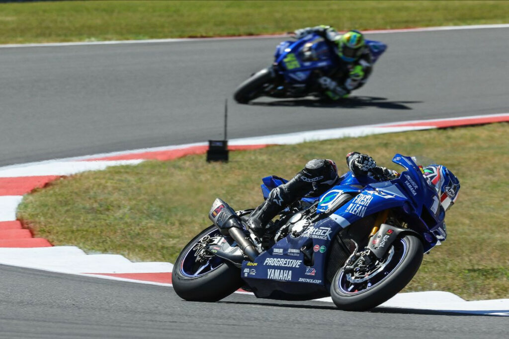 Jake Gagne (1) leads Cameron Petersen (45) in Medallia Superbike Race One at The Ridge. Photo by Brian J. Nelson, courtesy MotoAmerica.