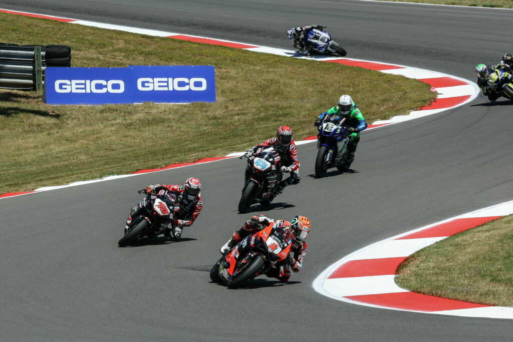 Josh Herrin (2) leads Tyler Scott (70), Sam Lochoff (44), and Kevin Olmedo (16) during Race Two. Photo by Brian J. Nelson, courtesy Ducati North America.
