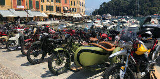 Moto Guzzi motorcycle gathered in Piazzetta a Portofino. Photo courtesy Elena Bagnasco.