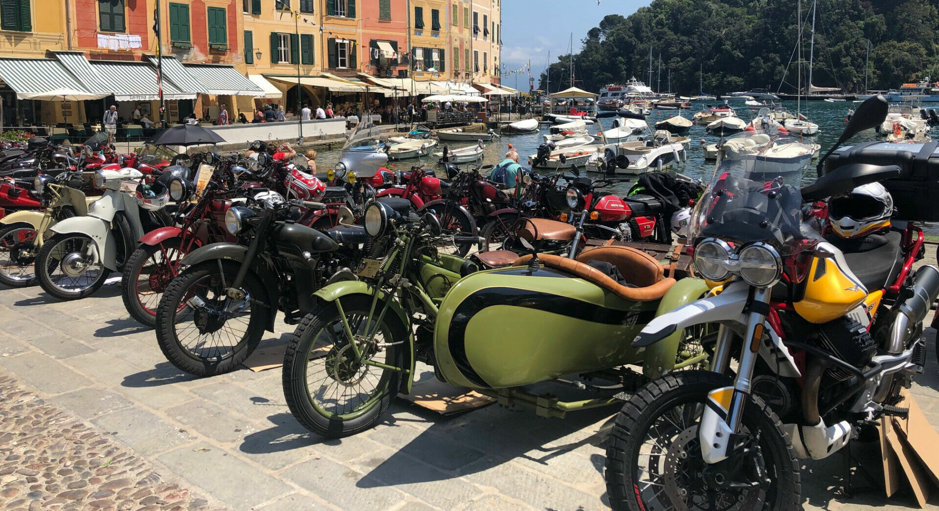 Moto Guzzi motorcycle gathered in Piazzetta a Portofino. Photo courtesy Elena Bagnasco.
